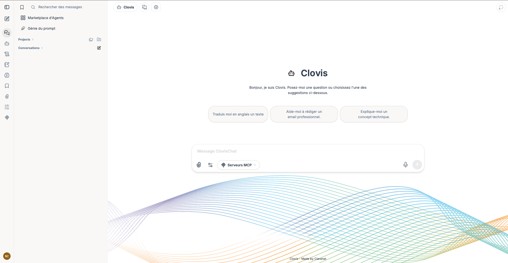 Écran d’accueil du chatbot Clovis avec la navigation, l’historique et la zone de saisie