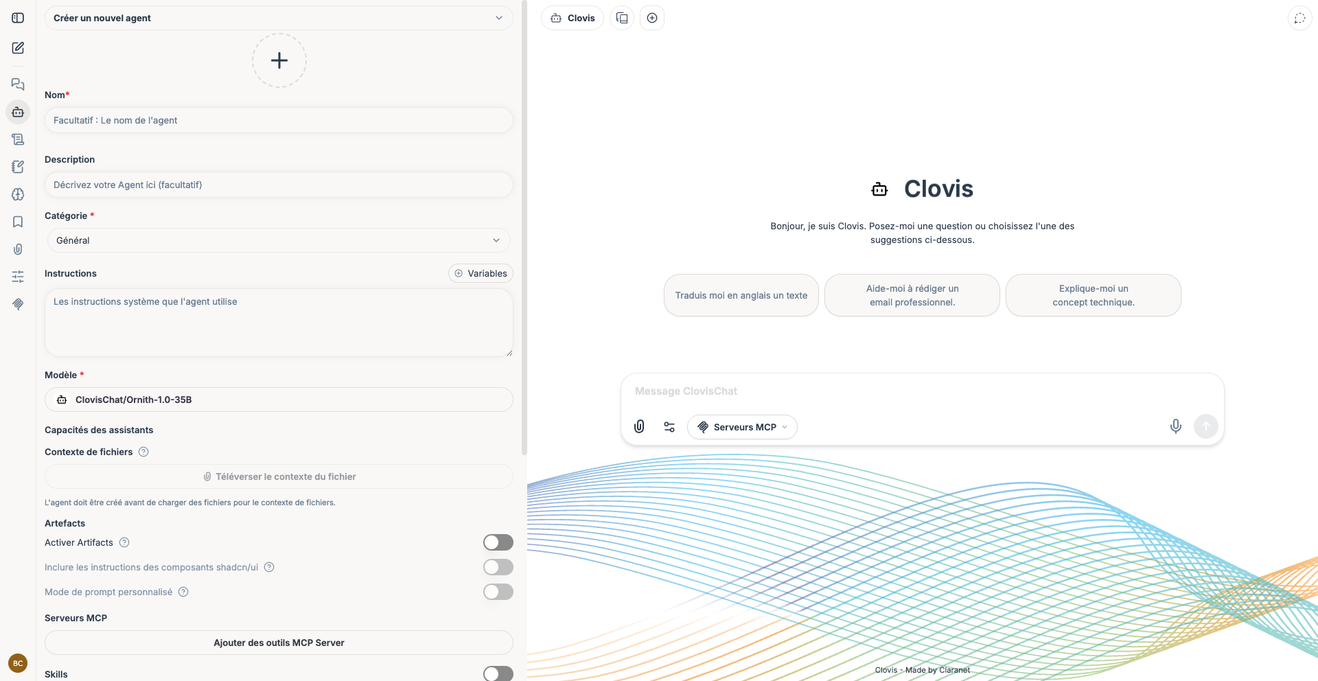 Formulaire de création et de configuration d’un agent Clovis