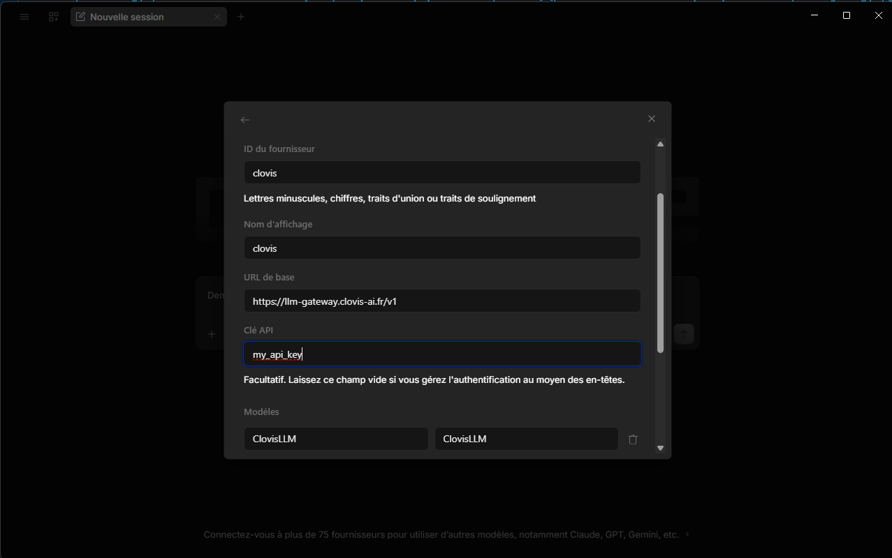 Paramètres du fournisseur Clovis dans OpenCode Desktop