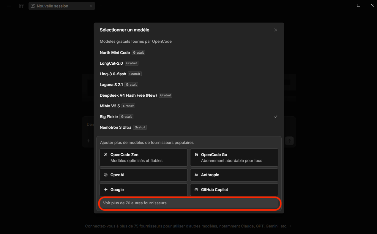 Accès à la liste complète des fournisseurs dans OpenCode Desktop