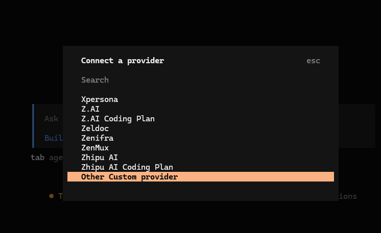 Sélection d’un fournisseur personnalisé dans OpenCode