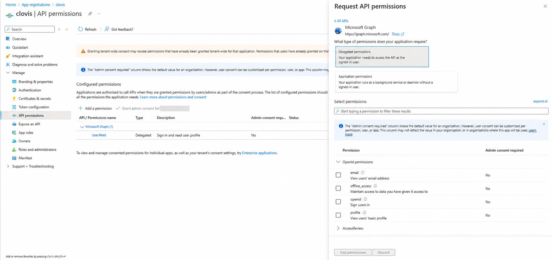Sélection des autorisations déléguées OpenID dans Microsoft Entra ID