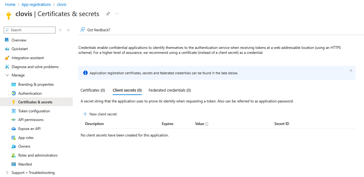Création d'un secret client depuis la page Certificats et secrets