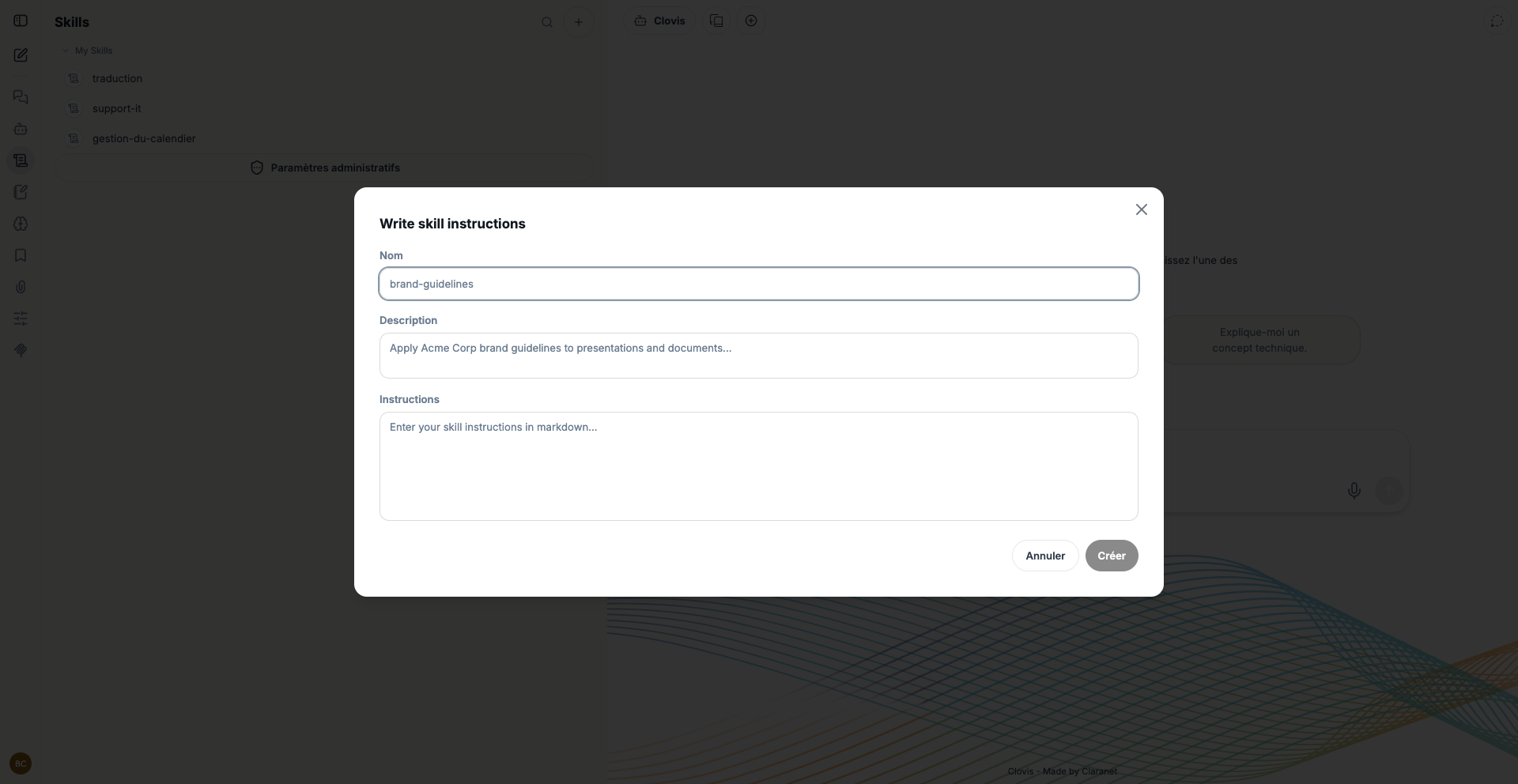 Window for creating a skill with its name, description, and instructions