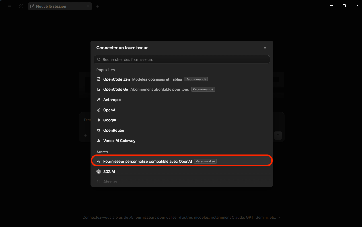 Selecting the custom OpenAI-compatible provider