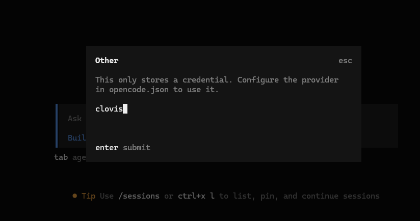 Entering the clovis provider ID in OpenCode